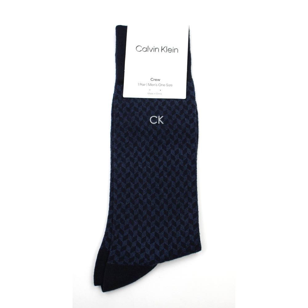 Calvin Klein Socks Mens One Size Navy Dress Crew Geometric Pattern CK Logo